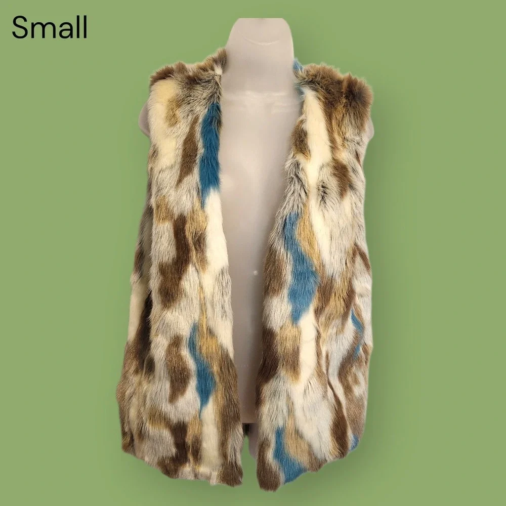 Luxe Patchwork Faux Fur Vest Soft Sleek Brown Blue Multi Mob Wife Aesthetic S - Picture 1 of 10